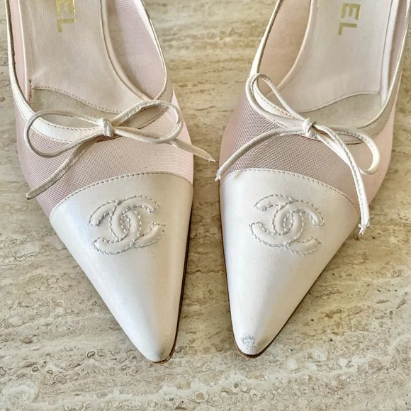 Vintage Chanel Mesh CC Bow Cap Toe Mule Heels - Picture 6 of 9